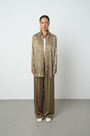 Kadın Haki Renk Desenli Oversize Kesim Tesettür Gömlek