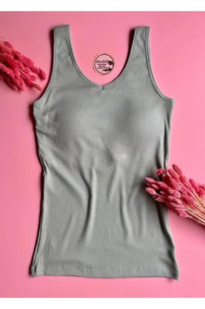 Modal Kumaş | V Yaka Çağla Yeşili Renk Pedli Ribana Kadın T-shirt-Atlet