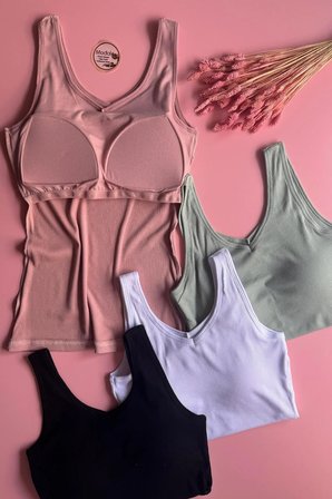 Modal Kumaş | V Yaka Pudra Renk Pedli Ribana Kadın T-shirt-Atlet 66E53