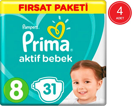 Prima Pampers Aktif Bebek Fırsat Paketi Bebek Bezi 17+ KG 8 Beden 4 x 31 Adet