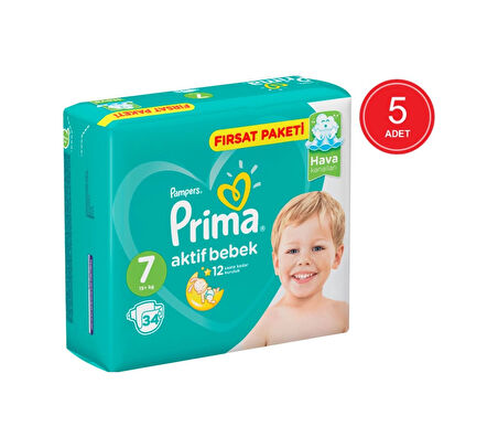 Prima Pampers Aktif Bebek Fırsat Paketi XX Large Bebek Bezi 15+ KG 7 Beden 5 x 34 Adet