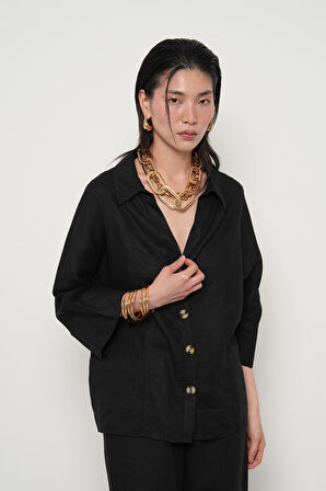 KADIN %100 KETEN V YAKA DÜZ RENK GÖMLEK