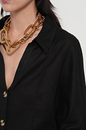 KADIN %100 KETEN V YAKA DÜZ RENK GÖMLEK