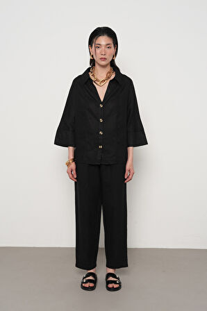 KADIN %100 KETEN V YAKA DÜZ RENK GÖMLEK