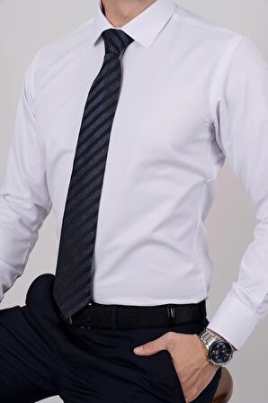 Gömlek Kravat Seti ( sunda Lacivert Çizgi Desenli Kravat & Beyaz Saten Slimfit Gömlek)