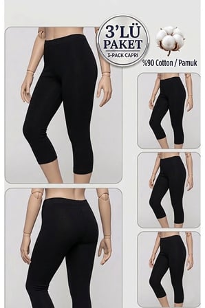 3'lü Büyük Beden Pamuklu Kadın Tayt Yüksek Bel Kapri Rahat Esnek Toparlayıcı - Plus Size Capri Leggings - 5060
