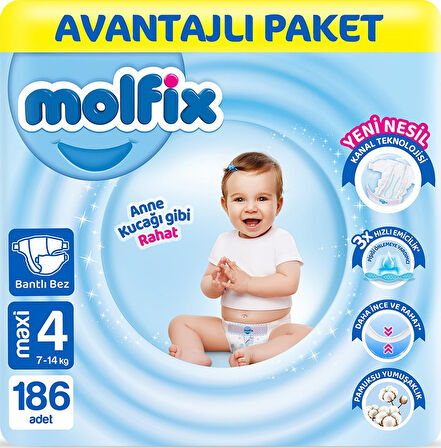 Molfix Bebek Bezi 4 Beden Maxi Avantajlı Paket 186 Adet