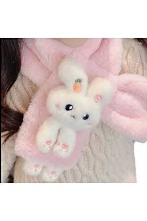 Pembe Tavşanlı Yumuşak Çocuk Kışlık Atkı Çocuk Atkı 0-8 Yaş