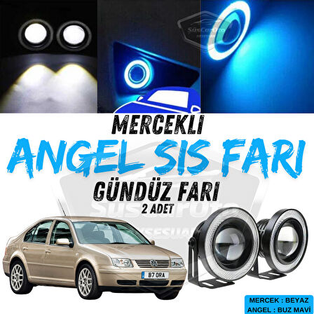 Vw Bora 1998-2006 Uyumlu Üniversal Mercekli Angel Sis Farı Metal Su Geçirmez 76 mm Buz Mavi Halkalı Gündüz Farı Angel Eyes 2 Adet