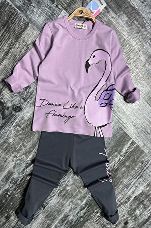 Flamingo Desenli Lila Renk Kız Çocuk Taytlı Takım