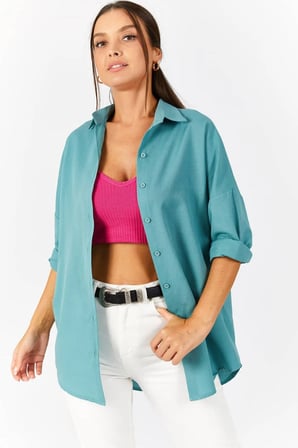 Kadın Yeşil Oversize Uzun Basic Gömlek ARM-22Y001118