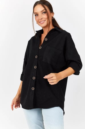 Kadın Siyah Oversize Kaşe Cepli Gömlek Arm-22Y001156