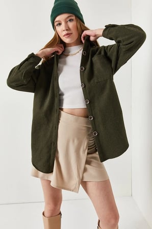 Kadın Haki Oversize Kaşe Cepli Gömlek ARM-22Y001156