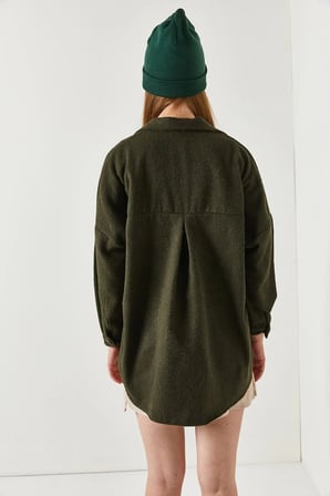 Kadın Haki Oversize Kaşe Cepli Gömlek ARM-22Y001156