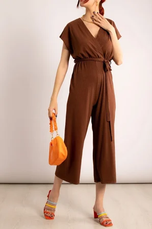 Kadın Kahve Kruvaze Beli Kemerli Tulum Arm-20y042008