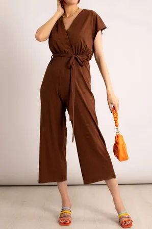 Kadın Kahve Kruvaze Beli Kemerli Tulum Arm-20y042008