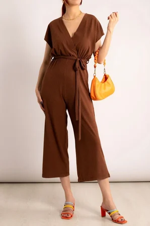 Kadın Kahve Kruvaze Beli Kemerli Tulum Arm-20y042008