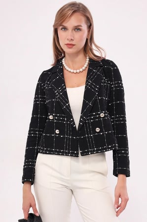 Kadın Siyah Kruvaze Yaka Tüvit Crop Ceket ARM-24K001014