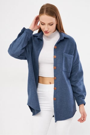 Kadın Koyu Mavi Oversize Kaşe Cepli Gömlek ARM-22Y001156