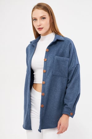Kadın Koyu Mavi Oversize Kaşe Cepli Gömlek ARM-22Y001156