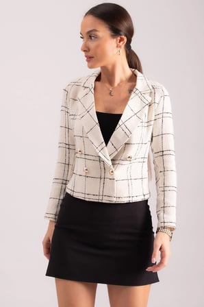 Kadın Beyaz Kruvaze Yaka Tüvit Crop Ceket ARM-24K001014