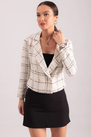 Kadın Beyaz Kruvaze Yaka Tüvit Crop Ceket ARM-24K001014