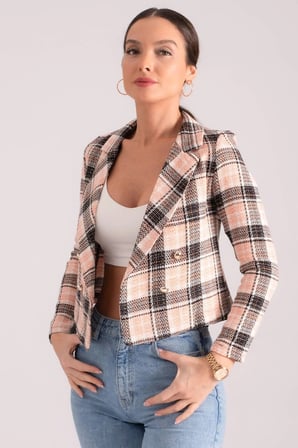 Kadın Açık Turuncu Kruvaze Yaka Tüvit Crop Ceket ARM-24K001014