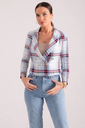 Kadın Mavi-Fuşya Kruvaze Yaka Tüvit Crop Ceket ARM-24K001014