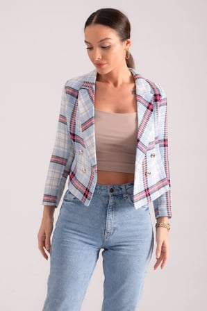 Kadın Mavi-Fuşya Kruvaze Yaka Tüvit Crop Ceket ARM-24K001014