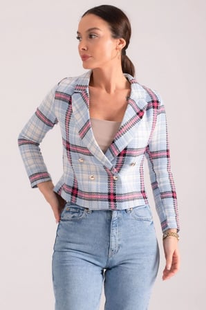 Kadın Mavi-Fuşya Kruvaze Yaka Tüvit Crop Ceket ARM-24K001014