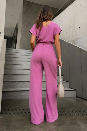 Kadın Gül Kurusu Kruvaze Yaka Sırtı V Detaylı Cepli Kuşaklı Bol Paça Tulum ARM-24Y001073