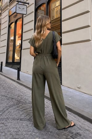 Kadın Haki Kruvaze Yaka Sırtı V Detaylı Cepli Kuşaklı Bol Paça Tulum ARM-24Y001073
