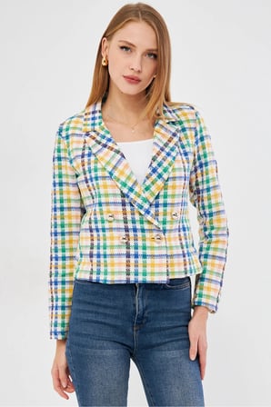 Kadın Mavi-Sarı Kruvaze Yaka Tüvit Crop Ceket ARM-24K001014