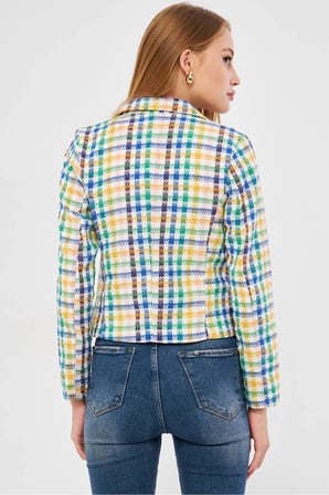 Kadın Mavi-Sarı Kruvaze Yaka Tüvit Crop Ceket ARM-24K001014