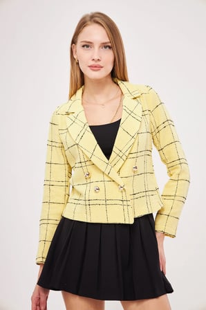 Kadın Sarı-Siyah Kruvaze Yaka Tüvit Crop Ceket ARM-24K001014