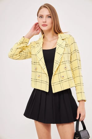 Kadın Sarı-Siyah Kruvaze Yaka Tüvit Crop Ceket ARM-24K001014