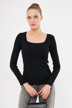 Kadın Siyah Kare Yaka Likralı Triko Bluz ARM-25K069006