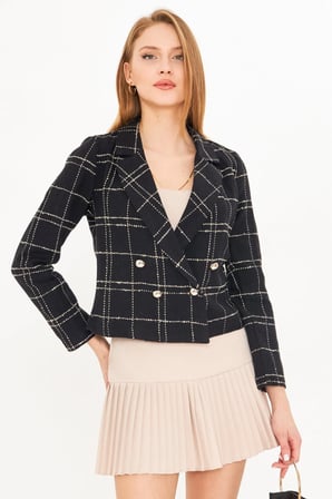 Kadın Siyah-Bej Kruvaze Yaka Tüvit Crop Ceket ARM-24K001014