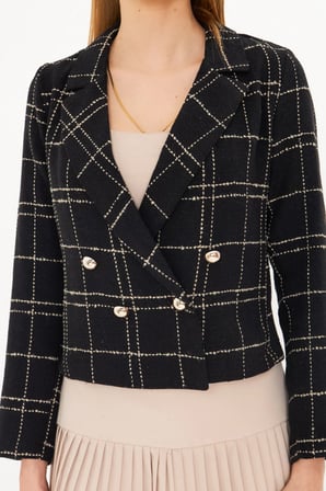 Kadın Siyah-Bej Kruvaze Yaka Tüvit Crop Ceket ARM-24K001014