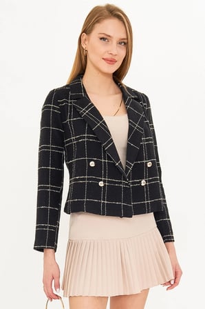 Kadın Siyah-Bej Kruvaze Yaka Tüvit Crop Ceket ARM-24K001014