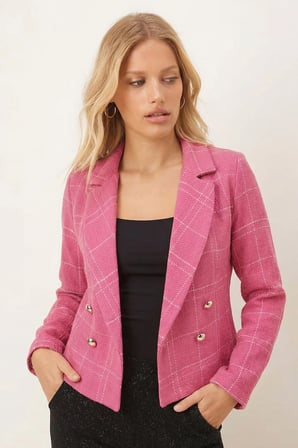 Kadın Fuşya-Bej Kruvaze Yaka Tüvit Crop Ceket ARM-24K001014
