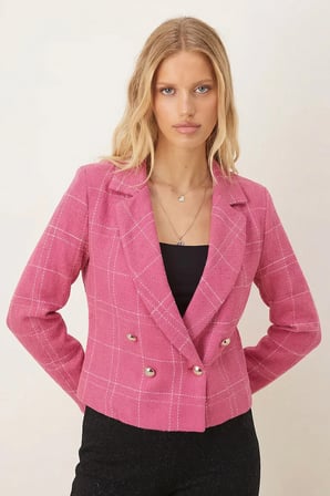 Kadın Fuşya-Bej Kruvaze Yaka Tüvit Crop Ceket ARM-24K001014