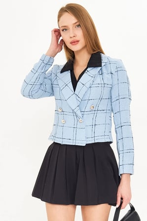 Kadın Mavi-Siyah Kruvaze Yaka Tüvit Crop Ceket ARM-24K001014