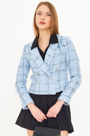 Kadın Mavi-Siyah Kruvaze Yaka Tüvit Crop Ceket ARM-24K001014