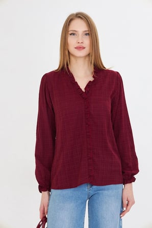 Kadın Bordo Yakası Ve Önü Fırfır Detaylı Kolları Lastikli Uzun Kollu Bluz ARM-25K001030