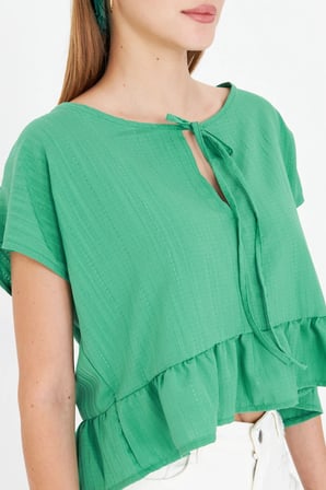 Kadın Çimen Yeşil Yarasa Kol Yakası Bağlamalı Eteği Fırfırlı Oversize Crop Bluz ARM-24Y001088
