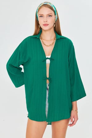 Kadın Koyu Yeşil Gömlek Yakalı Önden Bağcıklı Kimono Gömlek ARM-25K001006