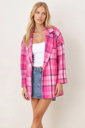 Kadın Fuşya Erkek Yaka Yanları Yırtmaçlı Oversize Ceket ARM-26K001009
