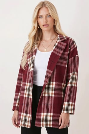 Kadın Koyu Bordo Erkek Yaka Yanları Yırtmaçlı Oversize Ceket ARM-26K001009