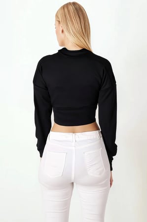 Kadın Siyah Yakası Fermuarlı Crop Sweatshirt ARM-26K042009